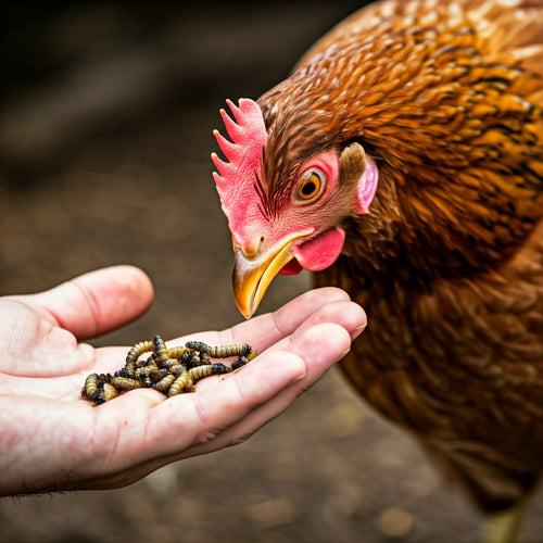 Chicken being fed Egg Brigade Black Soldier Fly Larvae by hand